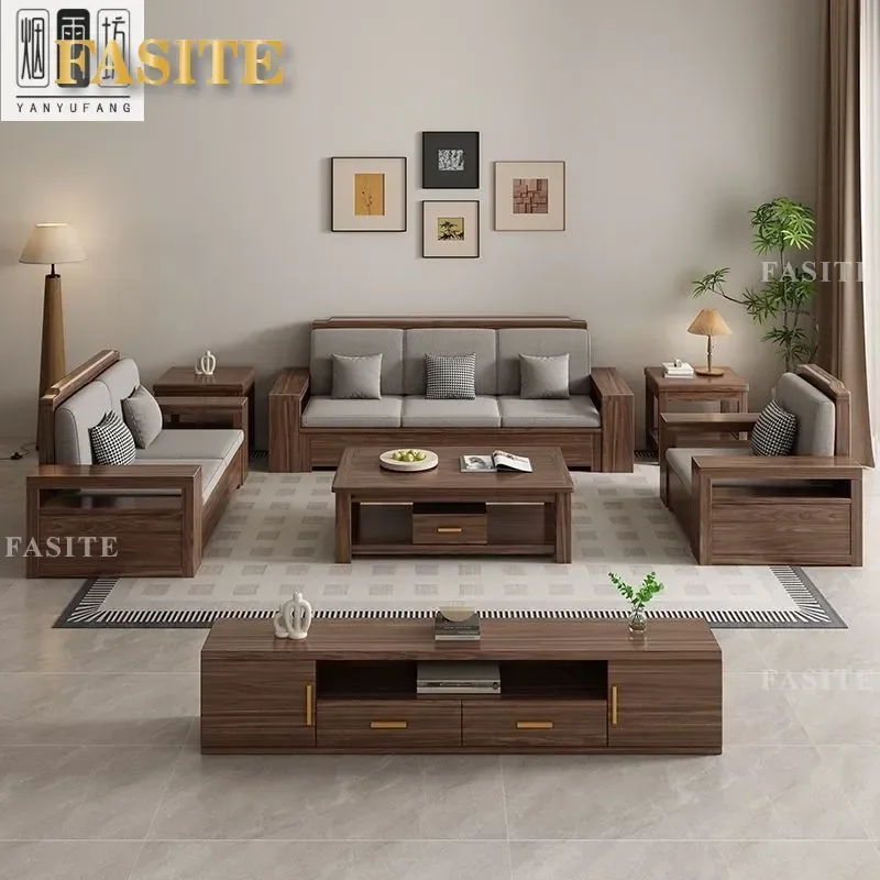 For New Chinese Style Solid Wood Sofa Black Walnut Living Room Combination Nordic Simple Storage Dual Purpose Winter Summer