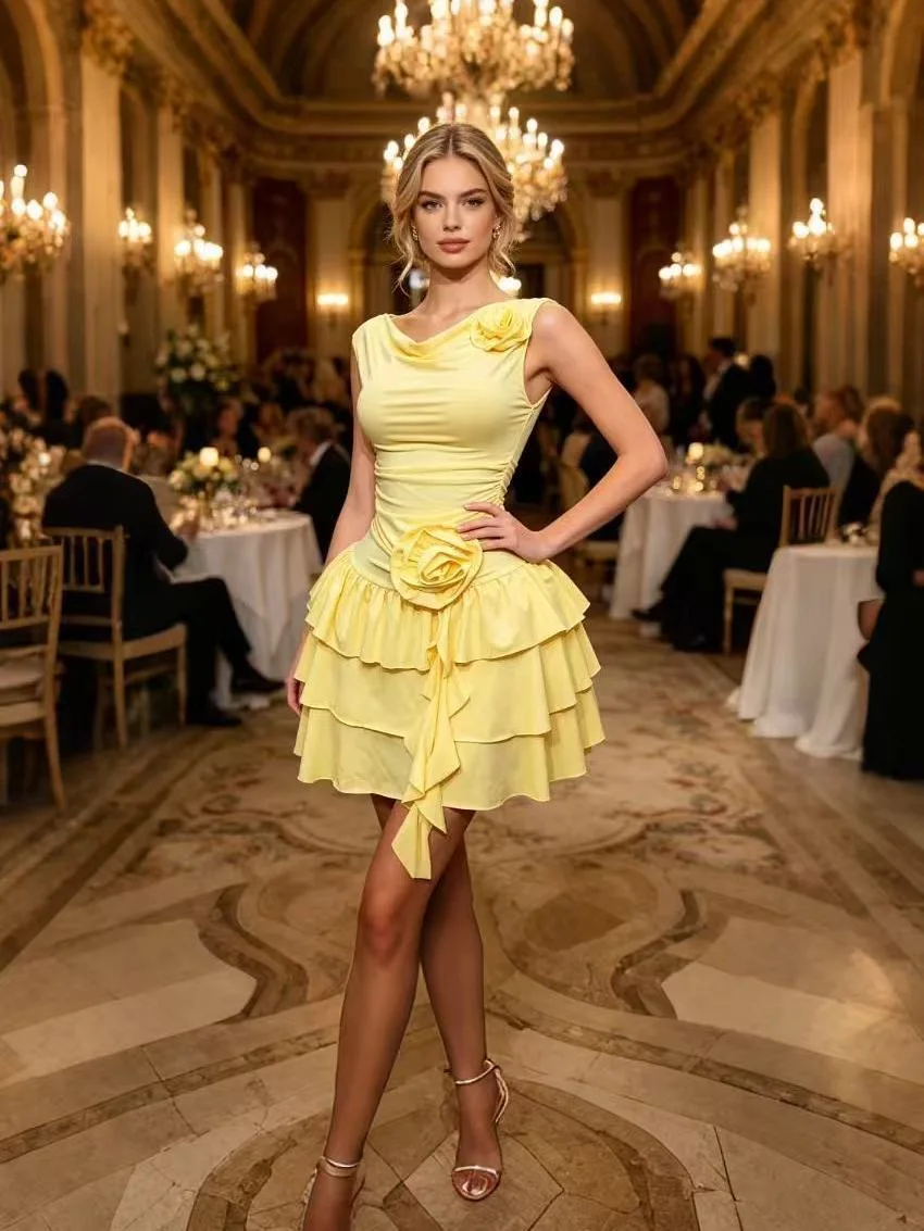 French Romantic Mini Dress Women Draped Neck Sleeveless 3D Rose Ornament Ruched Waist Multi Layer Ruffle Yellow Party Dress