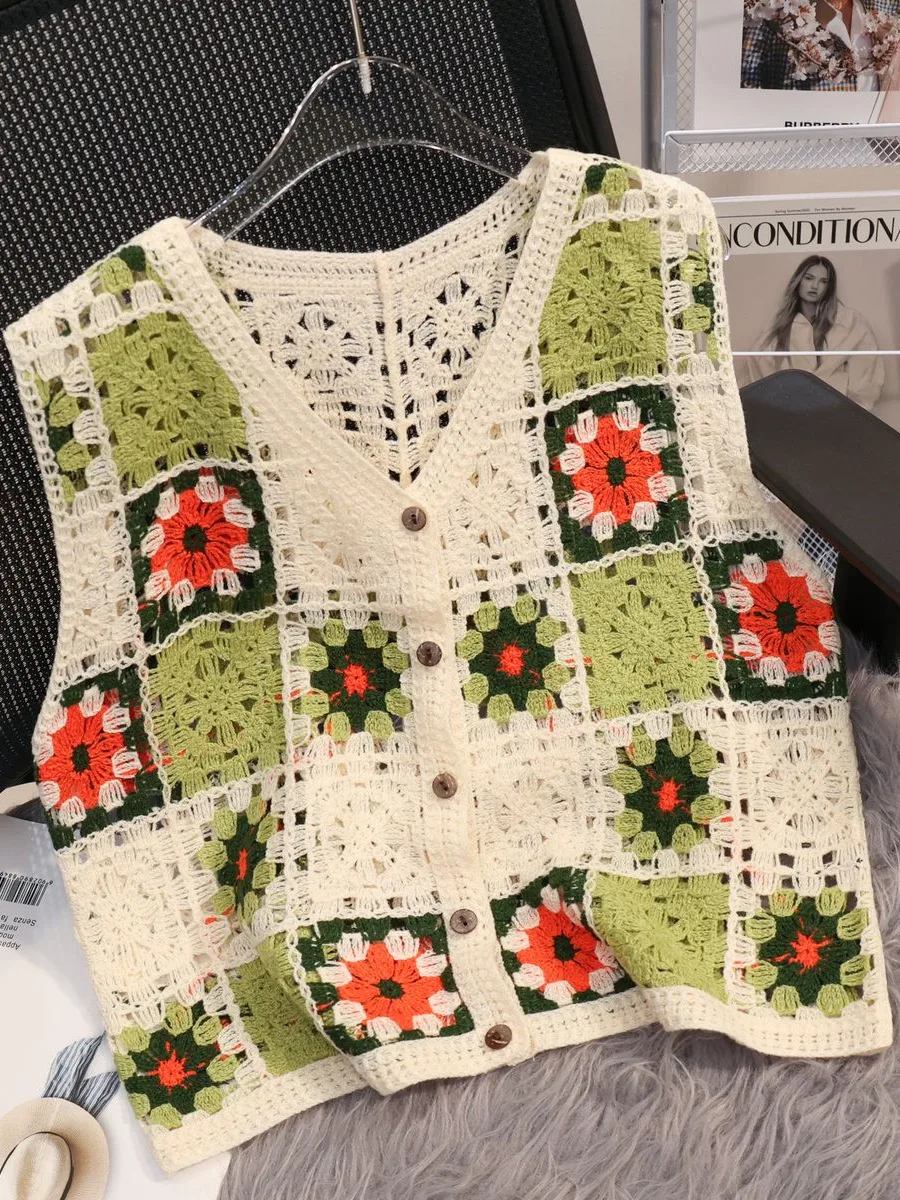 Flower Colored Hollowed Out Knitted Vest Women\'s Summer V-neck Geometric Floral Cardigan Vintage Loose Crop Top Waistcoat