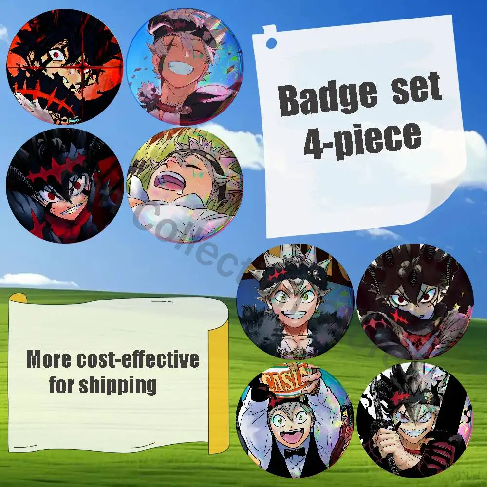 B-Black Asta C-Clover Brooches for Backpack Accessories 25,32,44,58,75mm Round Enamel Pins 4-piece set Cartoon Anime Badge