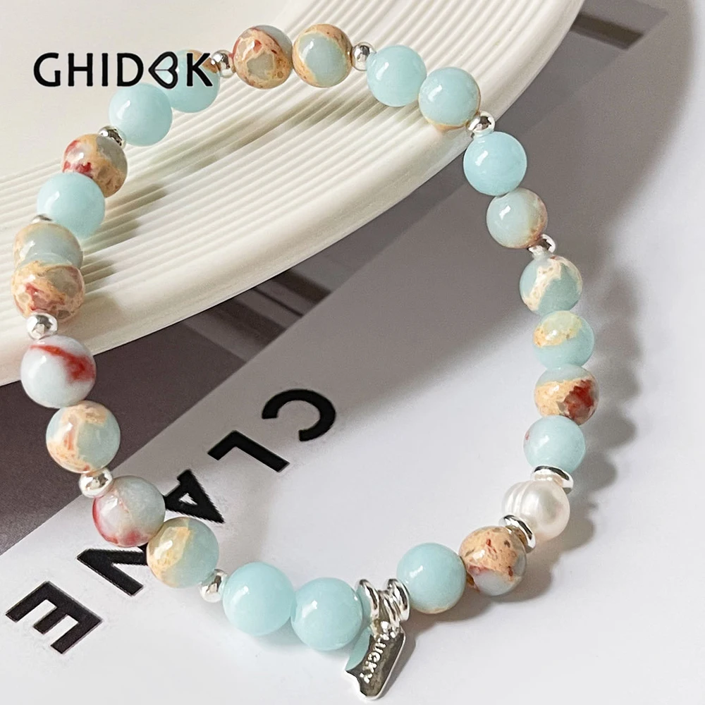 GHIDBKNatural Blue Imperial Jasper Beads Bracelet for Women Snake Skin Stone Spiritual Healing Bracelets Elastic Stretchable