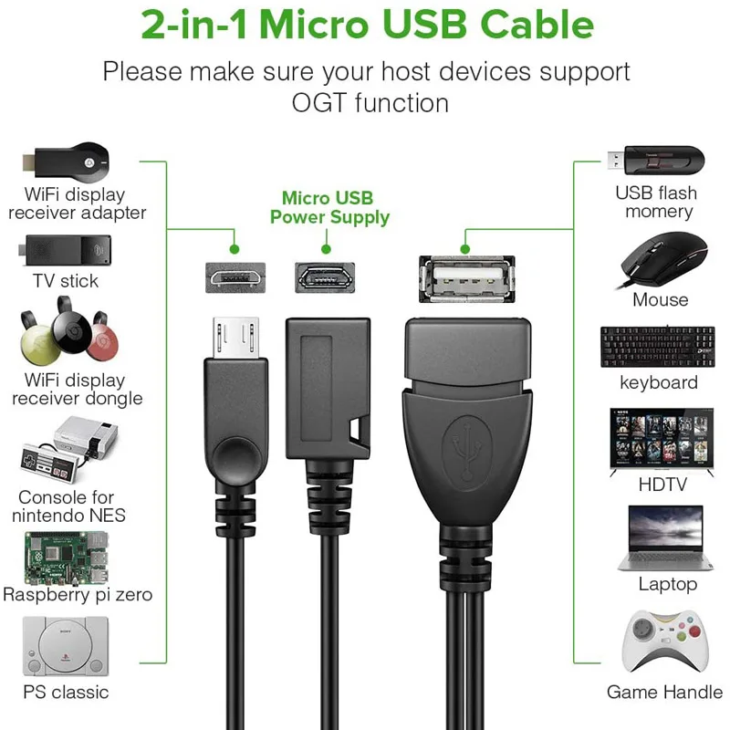 USB OTG Adapter,2-in-1 Micro USB to Type A Female OTG Cord w/ External Power Charging Port Y Splitter for Fire Stick,Android,SSD