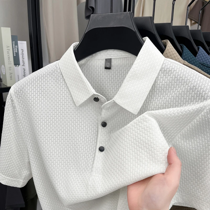 High end short sleeve trend polo shirt personality solid color printed casual T-shirt summer ice silk breathable new men's wear
