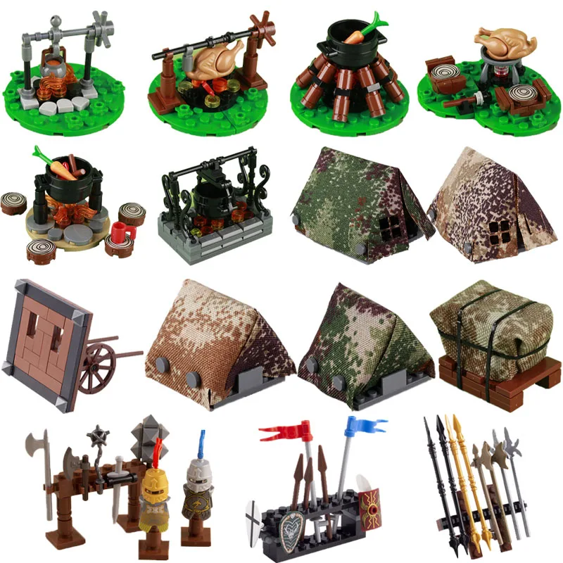 Military Building Block Soldier Figure Accessories Bonfire Tent Weapon Rack Roast Chicken Fire Brick Camp Facilities Toy B026