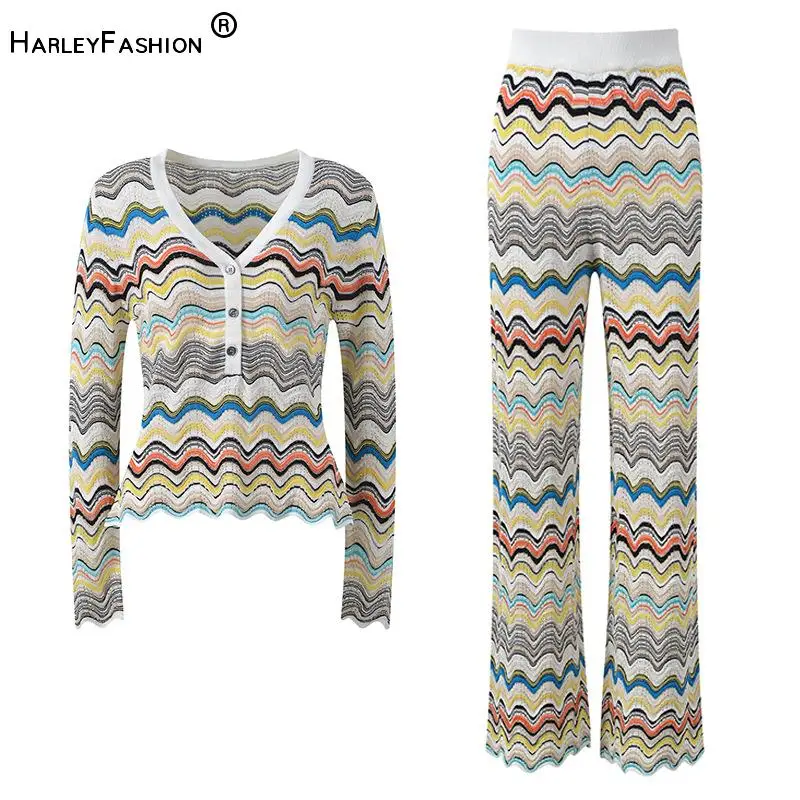 Lady Autumn Fashon Suit V-neck Long Sleeve Colorblock Striped Single-breasted Pullover Tops Wide Legs Pants Women Knits 2pcs