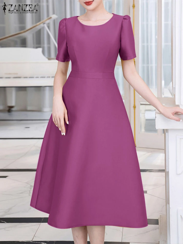 فستان ZANZEA عالي الخصر وأكمام قصيرة منتفخة على شكل حرف a من Vestidos 2025 ربيعي أنيق للنساء من الساتان للحفلات برقبة دائرية رداء ميدي أنيق