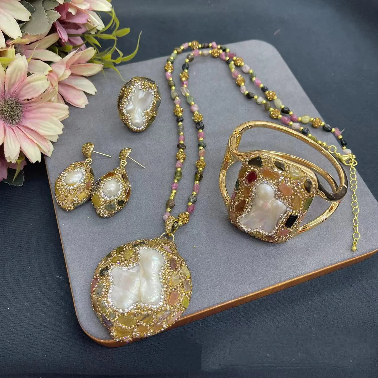 Fashion Irregular Baroque Pearl Jewelry Set Women Colored Gemstone Pendant Necklace Earrings Rings Bracelet Long Sweater Chain