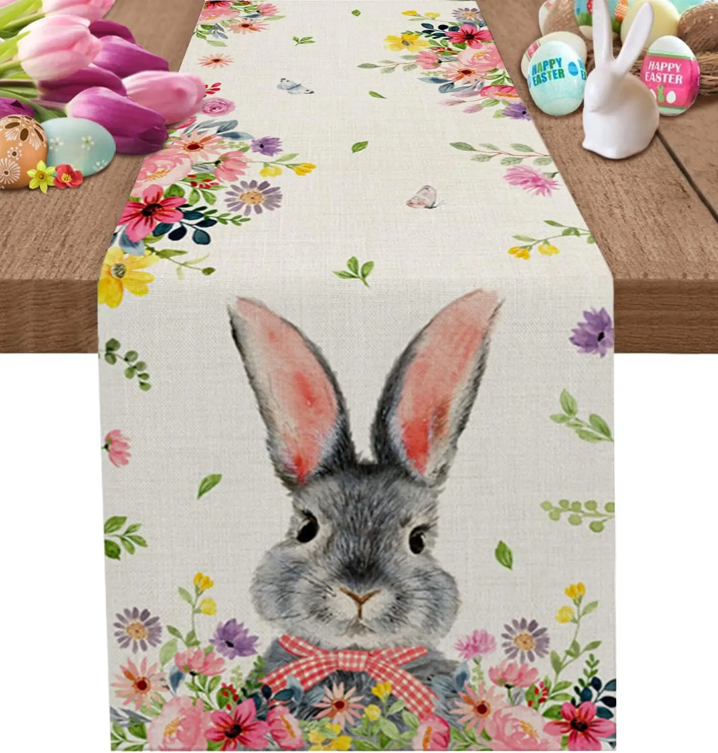 Happy Easter Bunny Rabbit Floral Linen Table Runner Holiday Party Decor Spring Colorful Flowers Table Runners Dining Table Decor