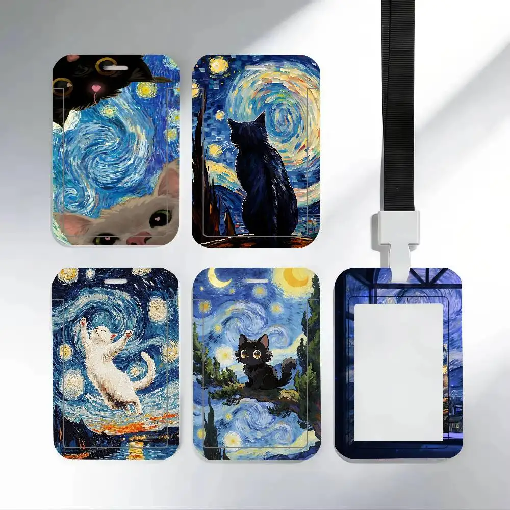 Starry Night Cat Clear ID Card Holder Lanyard Neck Strap Badge Case Door Credit Card Protector Daily Gift