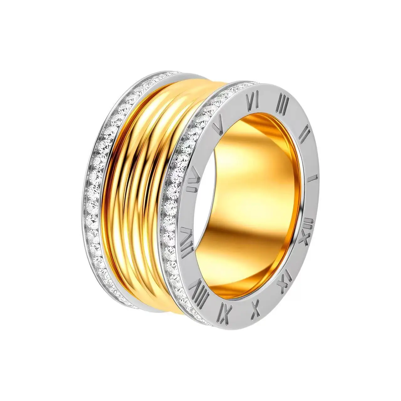 New Rotatable Wide Gold Tone Ring, Vertical Stripe Roman Numeral Inlaid Rhinestone Band, Unisex Couple Ring for Men Women