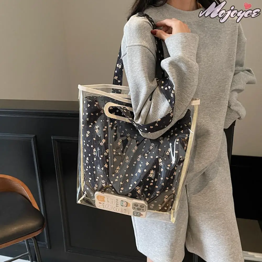 

PVC Elegant Shoulder Bag Floral Printed Trendy Tote Handbag Large Capacity All-Match Clear Tote Bag Travel Shopping Work Handbag