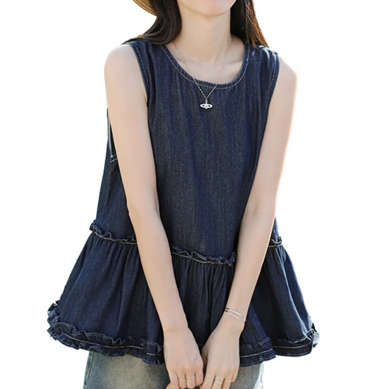 خمر الكشكشة أكمام المرأة سترة جينز القمم 2025 جديد الصلبة عادية فضفاض س الرقبة الجينز تي شيرت الإناث