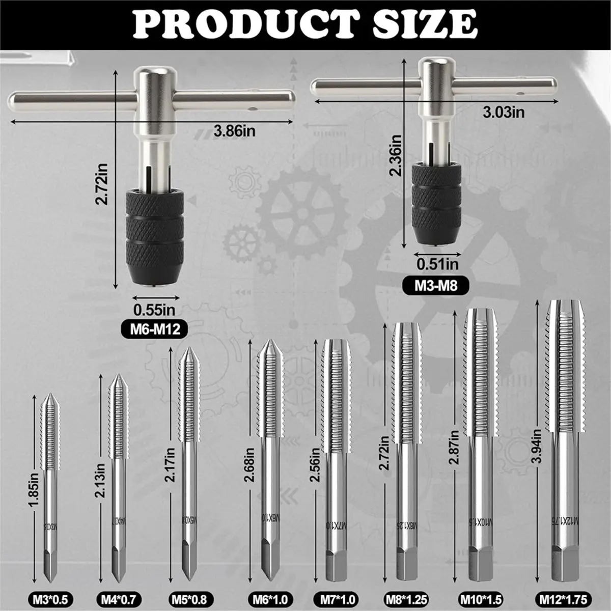 DT35BG Metric Tap Set 10 Pcs, Adjustable Tap and Die Set with 2 T Handle Tap Wrench and M3 M.4 M5 M6 M7 M8 M10 M.12 Taps