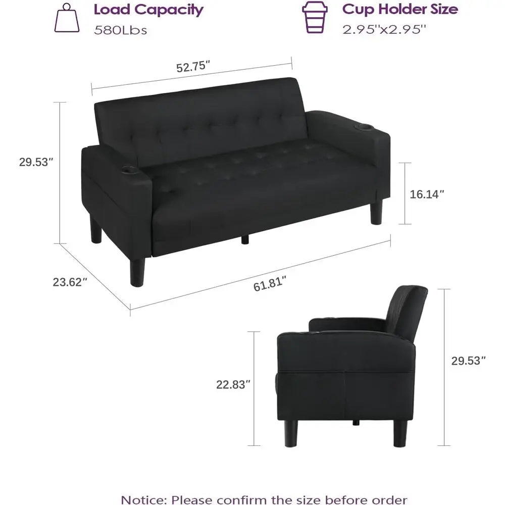 

Диван-софа 62 W с 2 USB-портами для зарядки и 2 подстаканниками, в стиле Mid-Century Modern, черная искусственная кожа, с тафтингом, маленький диван-софа