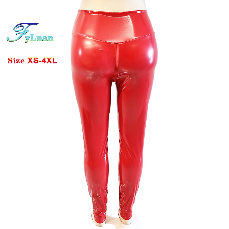 Sexy High Waist Pants New Women's Red Leather Leggings Double Zipper Open Crotch Pants Exotic  Nightclub Ankle-Length Trousers