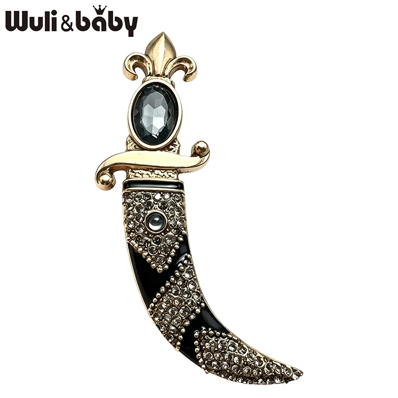 Wuli&baby Vintage Curved Scimitar Design Brooches For Women Men 2-color Rhinestone Tool Party Office Brooch Pins Gifts