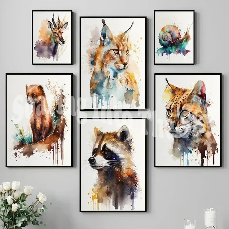 Ferret Fox Bear Leopard Lynx Kiko Goat Watercolor Animals Poster Canvas Printing Decor Living Room Bedroom Wall Art Home Decor