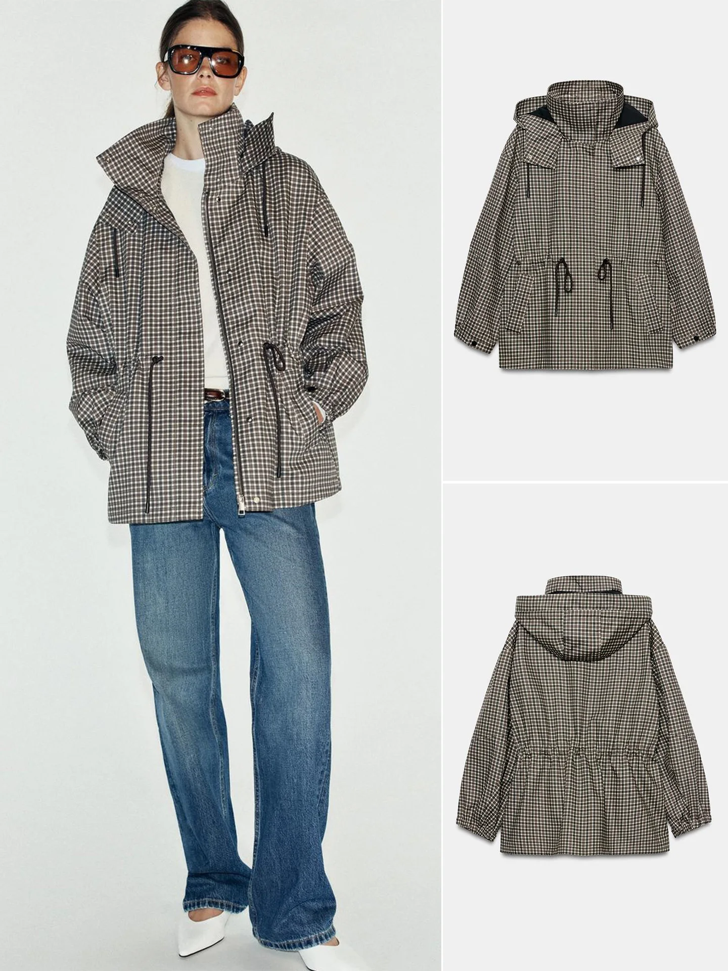 Autumn New Arrival Women's Long Sleeve Stand Collar Adjustable Tie Hat Plaid Jacket Outerwear Casual Style Standard Fit Polye...