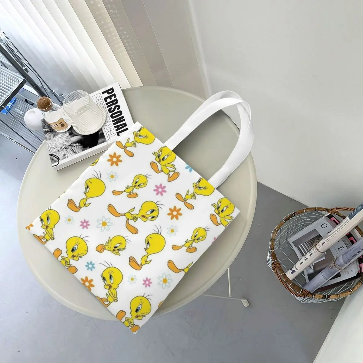 Custom Tweetys Cartoon Animation Yellow Bird Grocery Tote Shopping Bag Women Canvas Shoulder Shopper Bags Large Capacity Handbag