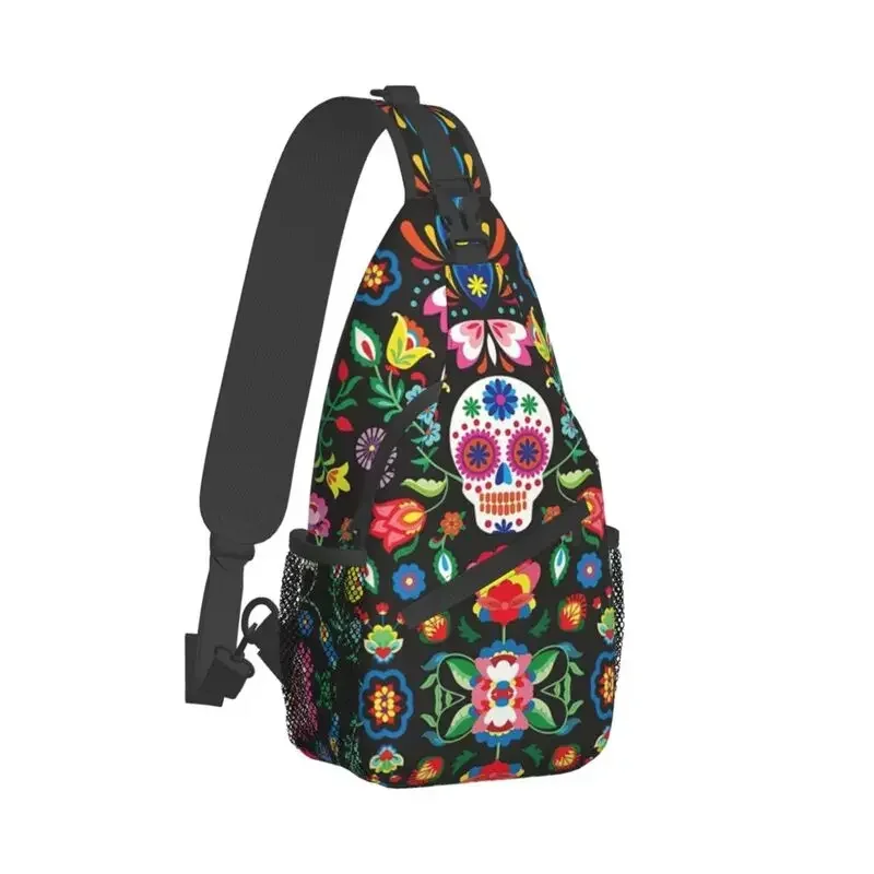 Casual Sugar Skulls Crossbody Sling Backpack Men Mexican Flower Shoulder Chest Bags for Traveling