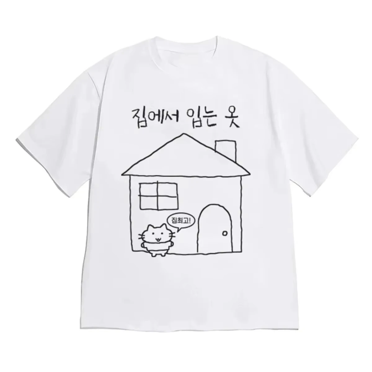 2026 Cute Korean Cartoon Cat Tee Unisex Cotton Short Sleeve Tee Hand Drawn House Sketch Korean Letter Print Men Women Streetwear