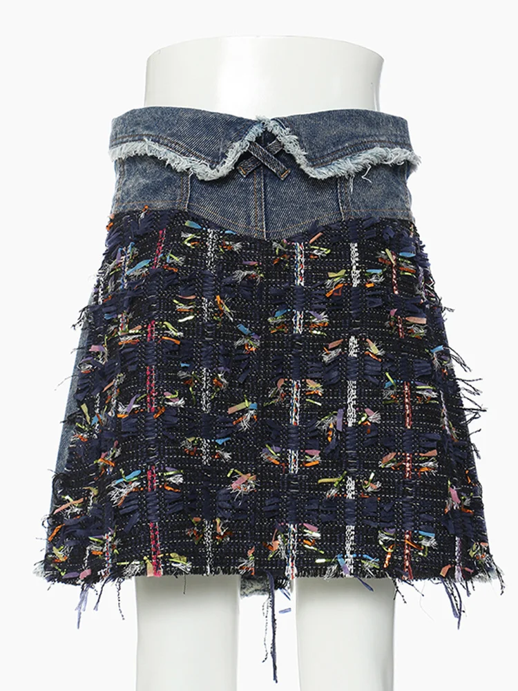 [EAM] High Waist Blue Denim Ribbon Tassels Tweed Burr Mini Half-body Skirt Women Fashion Tide New Spring Autumn 2024 1DE2310