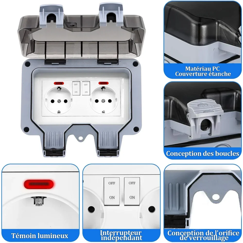 European-Style Outdoor Socket with Switch Indicator Light, IP66 Rated Surface-Mounted Suitable for Rooms Bathrooms Garden Socket view 3