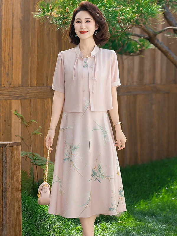 

Elegant Mom Summer New Chinese Style Retro Wedding Dress Set Short Sleeve Matron of Outfit Loose Fit Polyester Chiffon