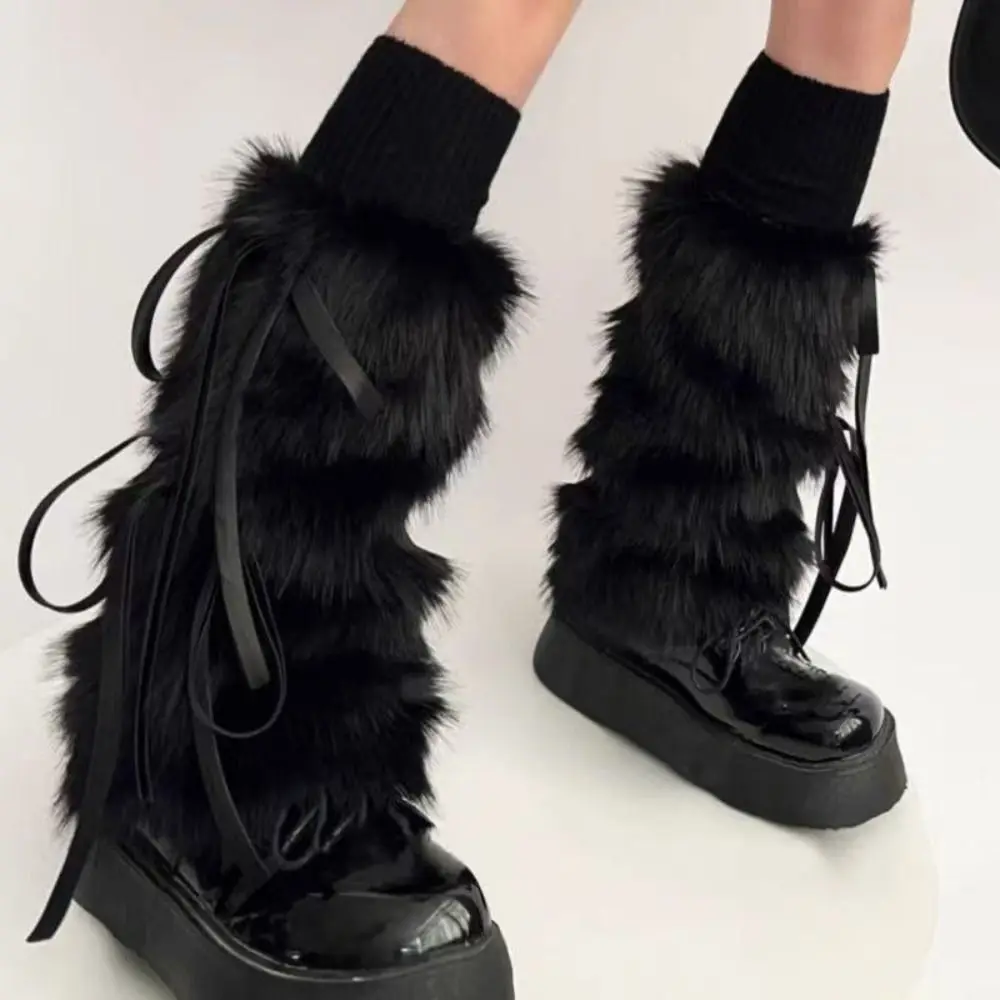 Lolitas Faux Fur Furry Leg Warmers Y2k JK Women's Plush Stockings Japanese Style Knee High Long Stockings Fall Winter