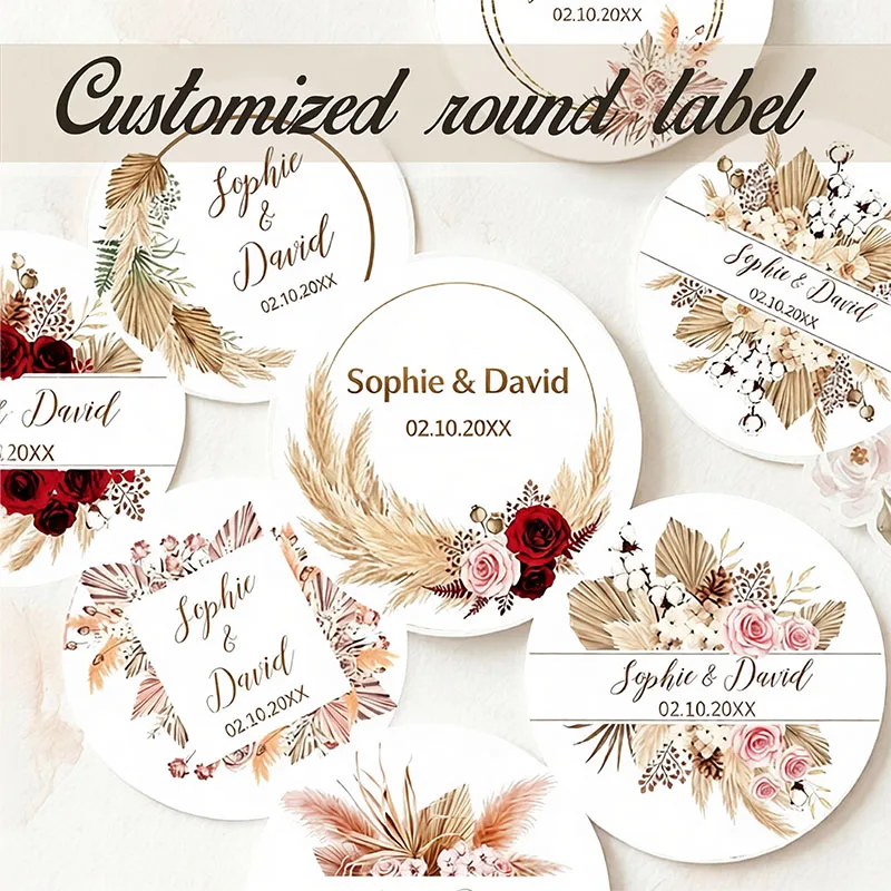 Pegatinas Personalizadas para Boda con Diseño Boho, Hojas de Pampa Secas, Nombre y Fecha Personalizados, Color Rosa Borgoña, Caja de Regalo