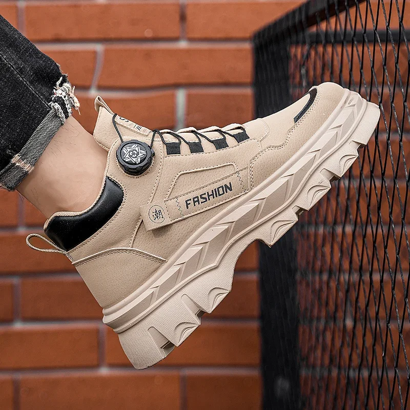 

Autumn New Low-heeled Mid-top PU Leather Lace-up Solid Color Durable High-quality Men's Plus-size Original Work Boots