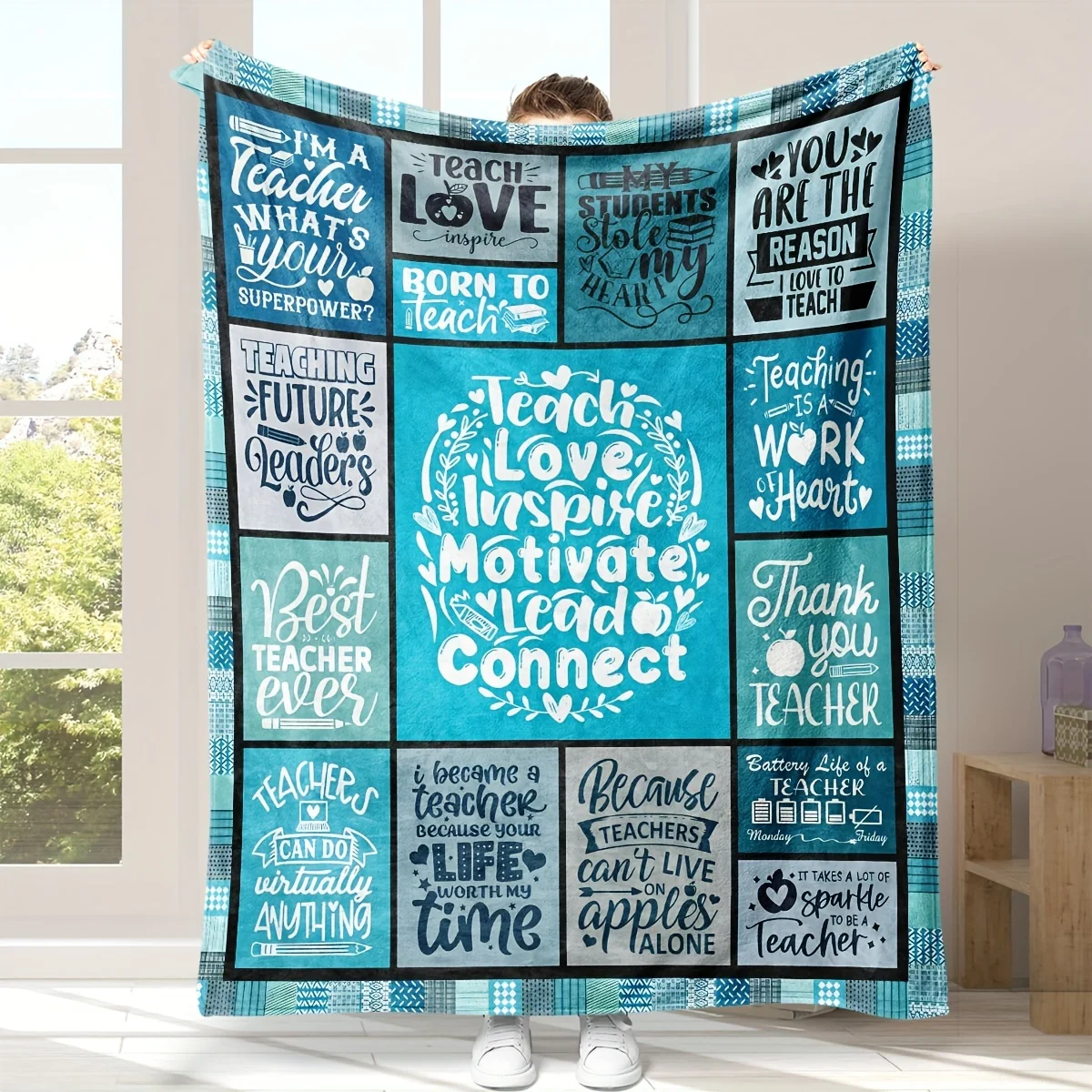 Contemporary Polyester Teacher Blanket- Hypoallergenic All-Season Throw with Inspirational Quotes and Teaching Motifs for Multi-