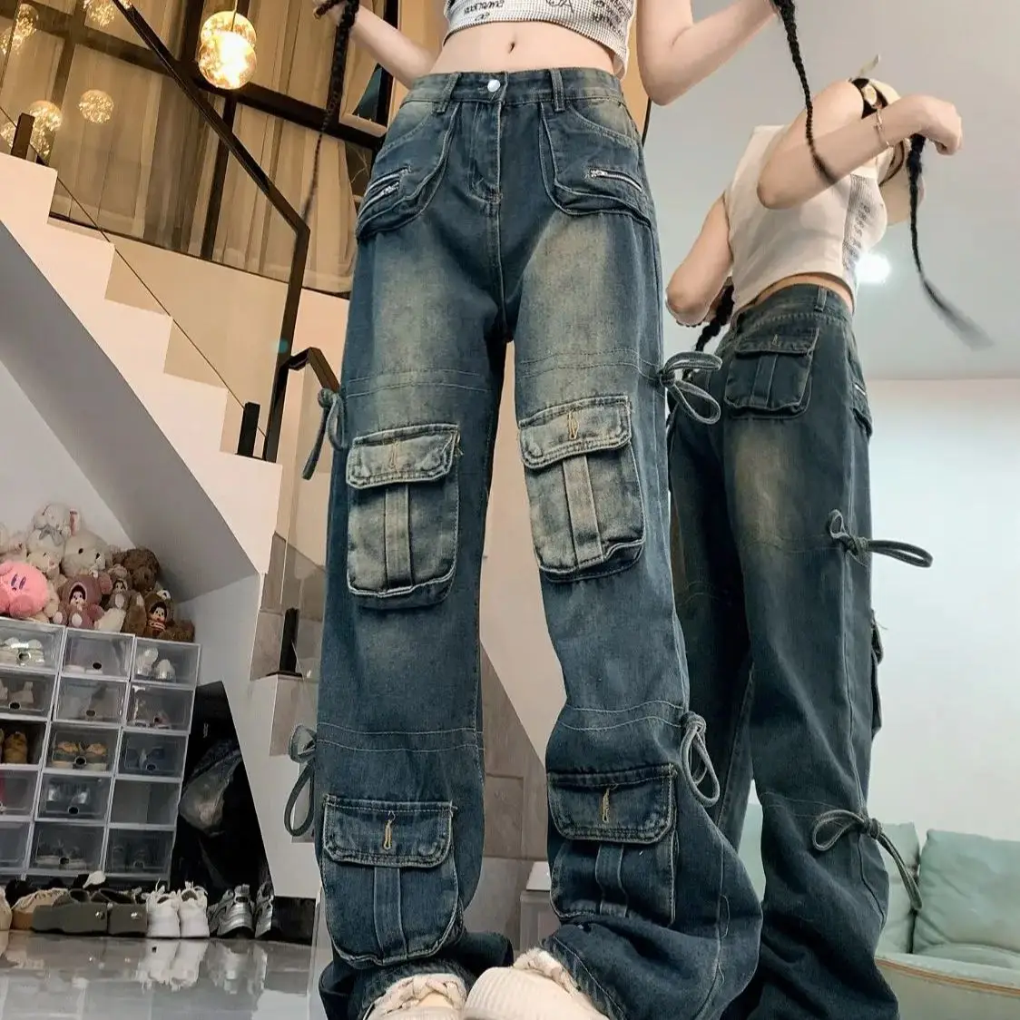 

Denim Cargo Pants Harajuku Baggy Lace Up Multi-Pocket Blue Women BF Style Y2k Streetwear High Waist Wide Leg Jeans