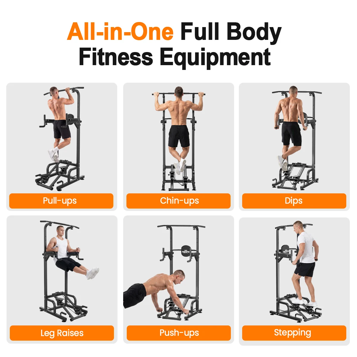 RELIFE Multifunctional Power Tower Pull Up Dip Station Free Standing Pull Up Bar with Stepper Machine, Adjustable Height Workout Rack 450LBS Load Home Gym Full Body Strength Training Fitness Equipment for Pull Ups Chin Ups Dips Leg Raises Push Ups