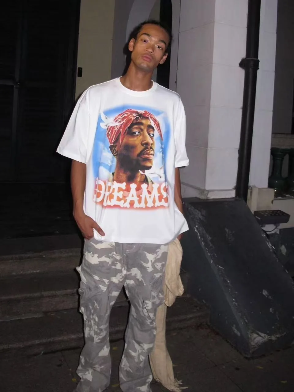 

VINTAGE RETRO 2PAC Rapper Big Face Portrait Print Directly High-Street HIP-POP Loose Oversized Top T-Shirt For Men