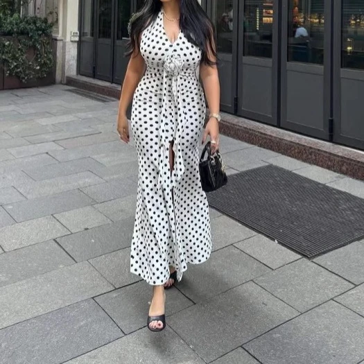 

Summer New Women's Temperament Polka Dot Sleeveless Slim Dress Mermaid Skirt Long Skirt