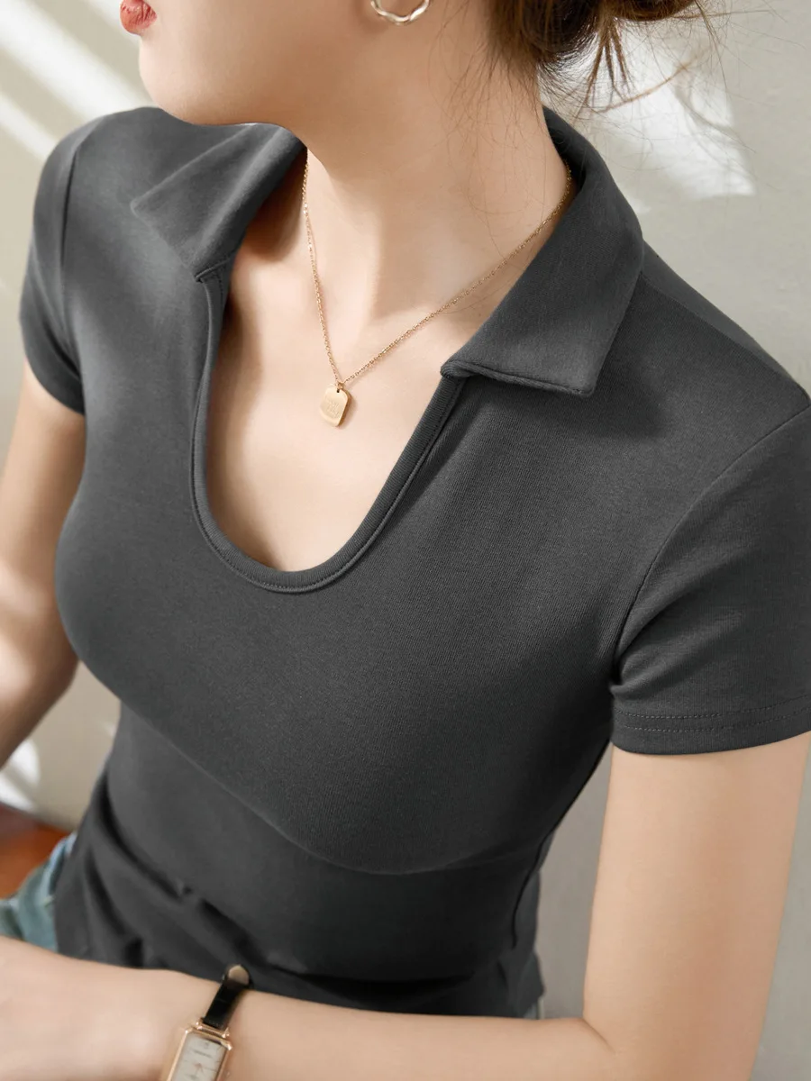 Women T-shirt Short sleeve tshirt for woman Turn-down Collar Solid Color Women's Top Spring Summer Modal Shirt for womens