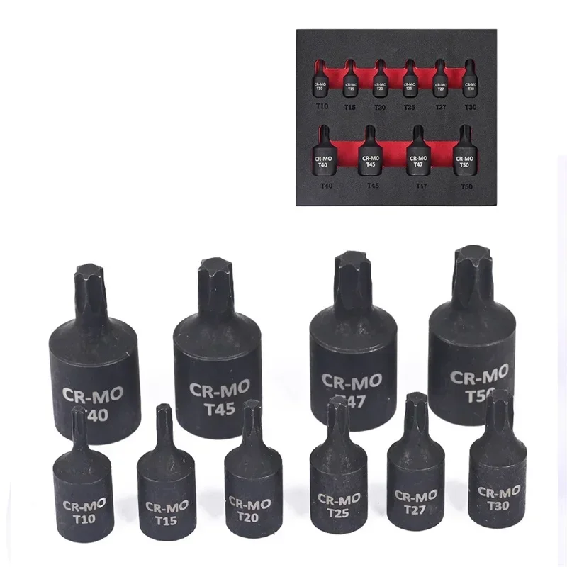 10/9Pcs Torx Screwdriver Bit 1/4 3/8 Inch Drive Socket Head Screwdriver Hand Tools T10 T15 T20 T25 T27 T30 T40 T45 T47 T50