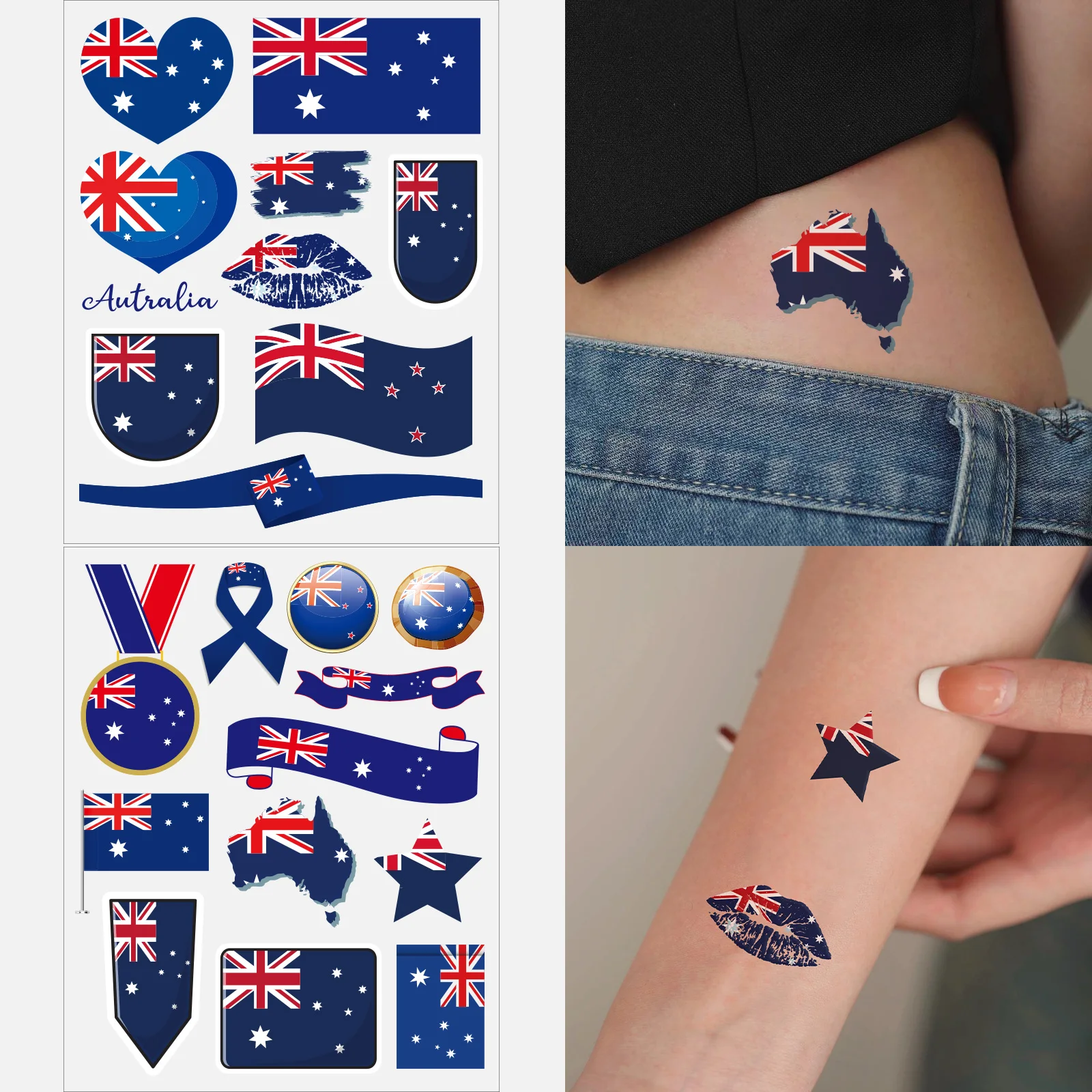 2pcs Various Australian Flag Styling Sticker Graphics I Love Australia Country Decor for Arm Face Body Art Fake Tattoo Stickers