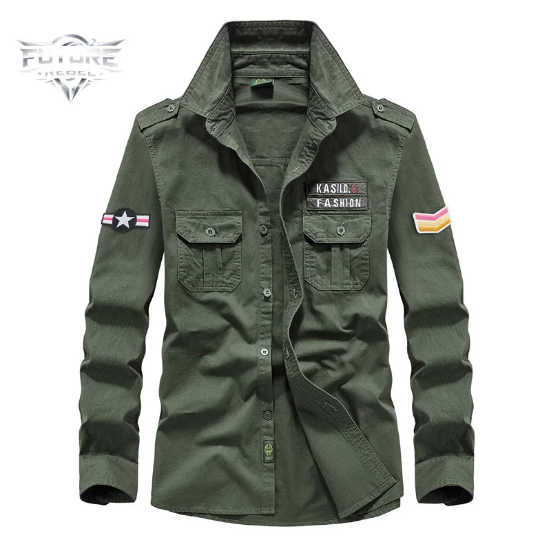 

Spring New Men'S Rugged Military Style Cargo Shirt Long Sleeve Casual Loose Fit Cotton Solid Color Button Down Workwear Tops New