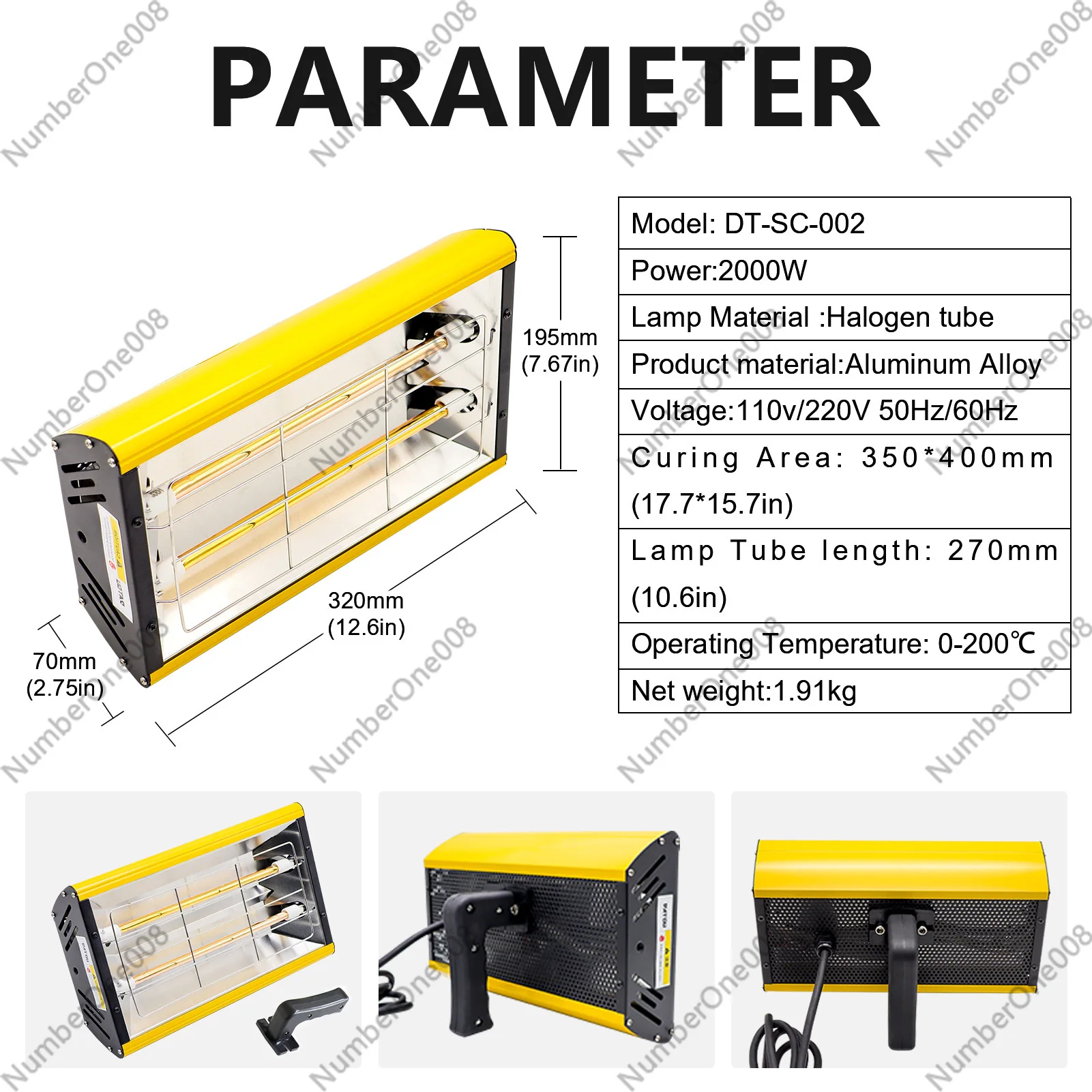 2000W Infrared Paint Curing Lamp Handheld for Car Spray Booth Ceramic Coating Auto Repair