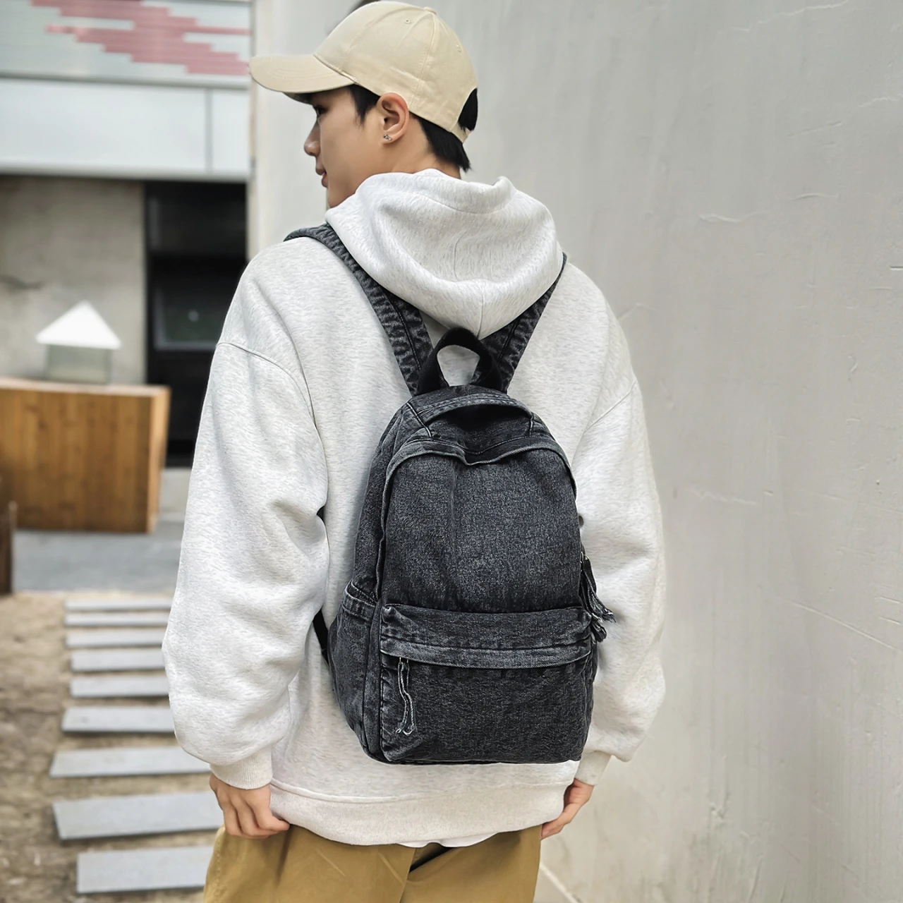 Vintage Washed Denim Backpack Lightweight Large Capacity Student School Bag Casual Travel Daypack Black Blue Retro Shades