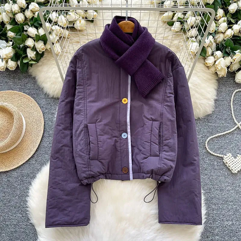 Conjuntos de 2 piezas de estilo coreano para invierno, abrigo de manga larga con cordón y bolsillo + bufanda de punto suave, abrigo acolchado de algodón cálido para mujer