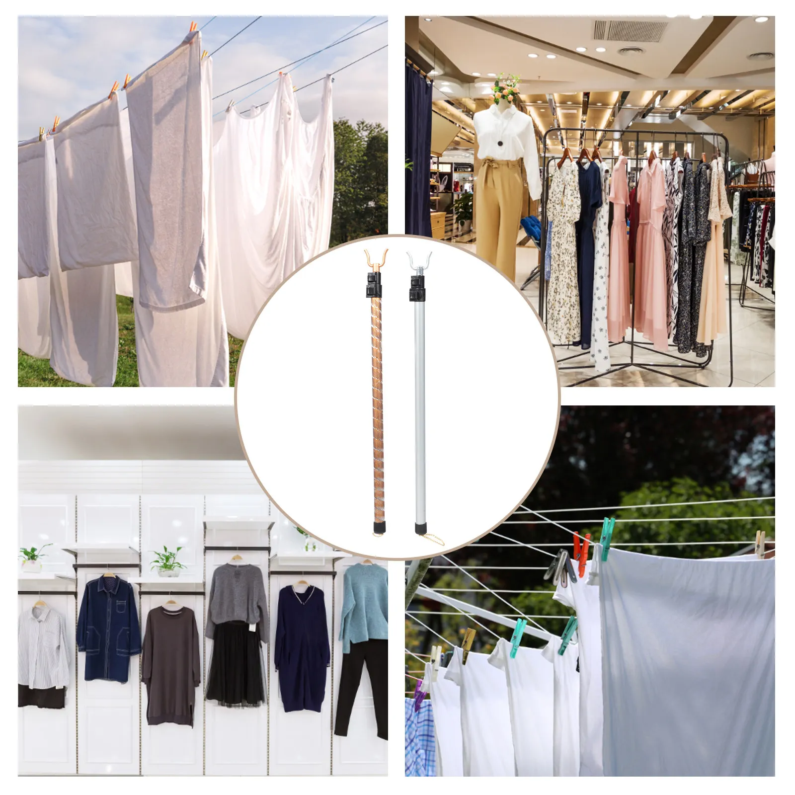 2Pcs Aluminum Alloy Telescopic Clothes Pole Lightweight Retractable Laundry Reach Tool for Wardrobe Ceiling High Shelf Clothes