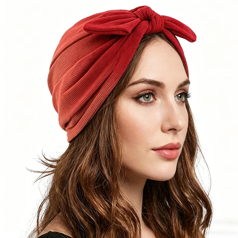 New Women African Big Bow Turban Hat Solid Color Islamic Inner Hijab Cap Twisted Headwrap Headscarves India Hat Bonnet Beanies - view 5