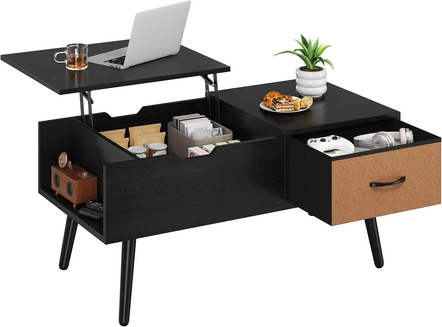 

Lift-Top Coffee Table Converts to Dining Height, with Large Storage Drawer & Hidden Compartment, Modern Black