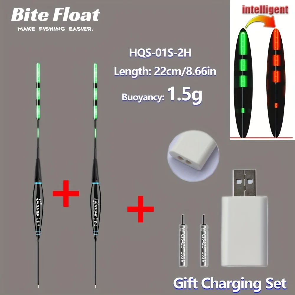 Bite Float Kurzes Nachtangel-Set (2 Intelligente Elektronische Bissanzeiger + 2 Wiederaufladbare CR425-Batterien + Dual-Port-Ladegerät)