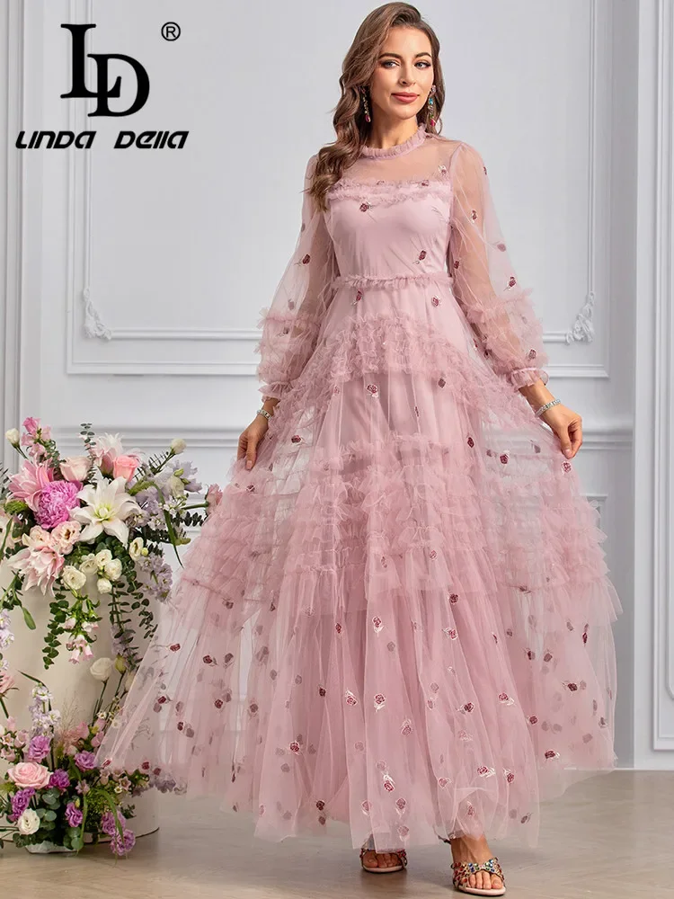 LD LINDA DELLA Summer 2024 luxury Designer Dresses for women Vintage Flowers Embroidery Net Yarn Ruffles Dresses Sizes S-4XL