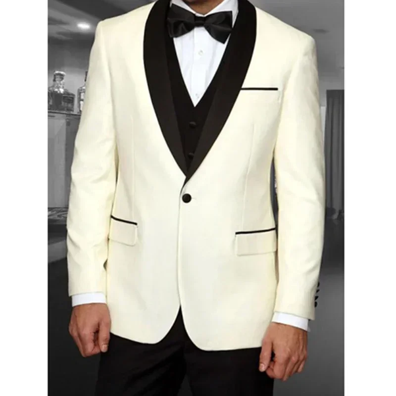 

New Design Ivory Jacket Black Pant Men Suit Wedding Groom Tuxedo Prom Slim Fit Blazer Hombre High Quality Custom 3 Piece Set