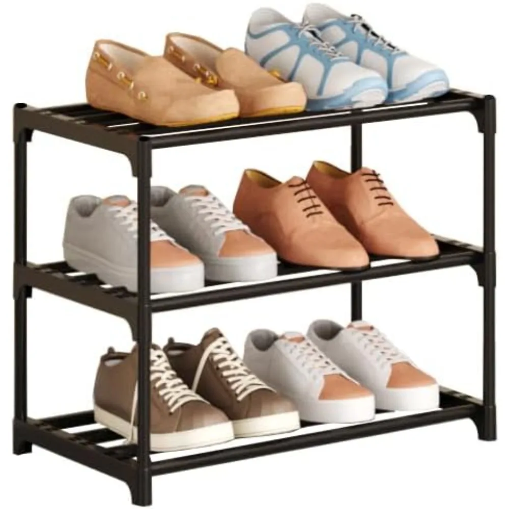 

Metal Stackable Small Shoe Rack Organizer, Narrow Shoe Racks for Closets Entryway, Shoe Stand,Shoe Shelf with Handle (3-Tier-Bla
